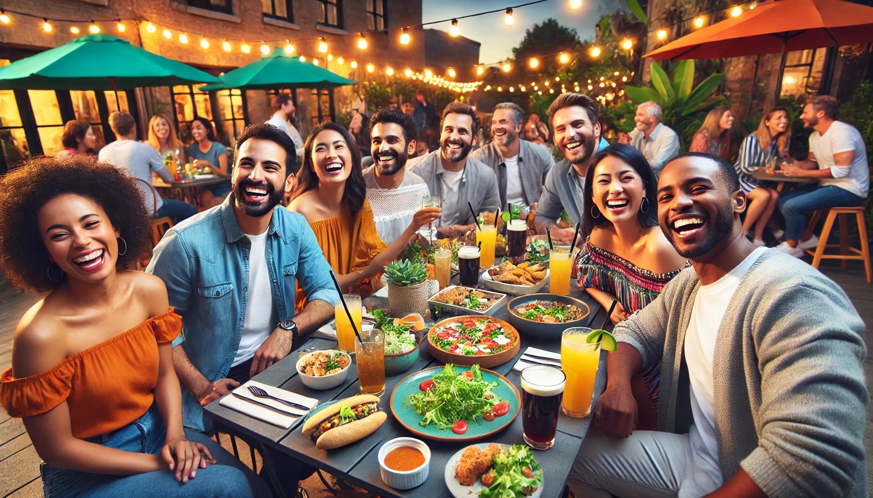 People enjoying food and drinks at an outdoor event